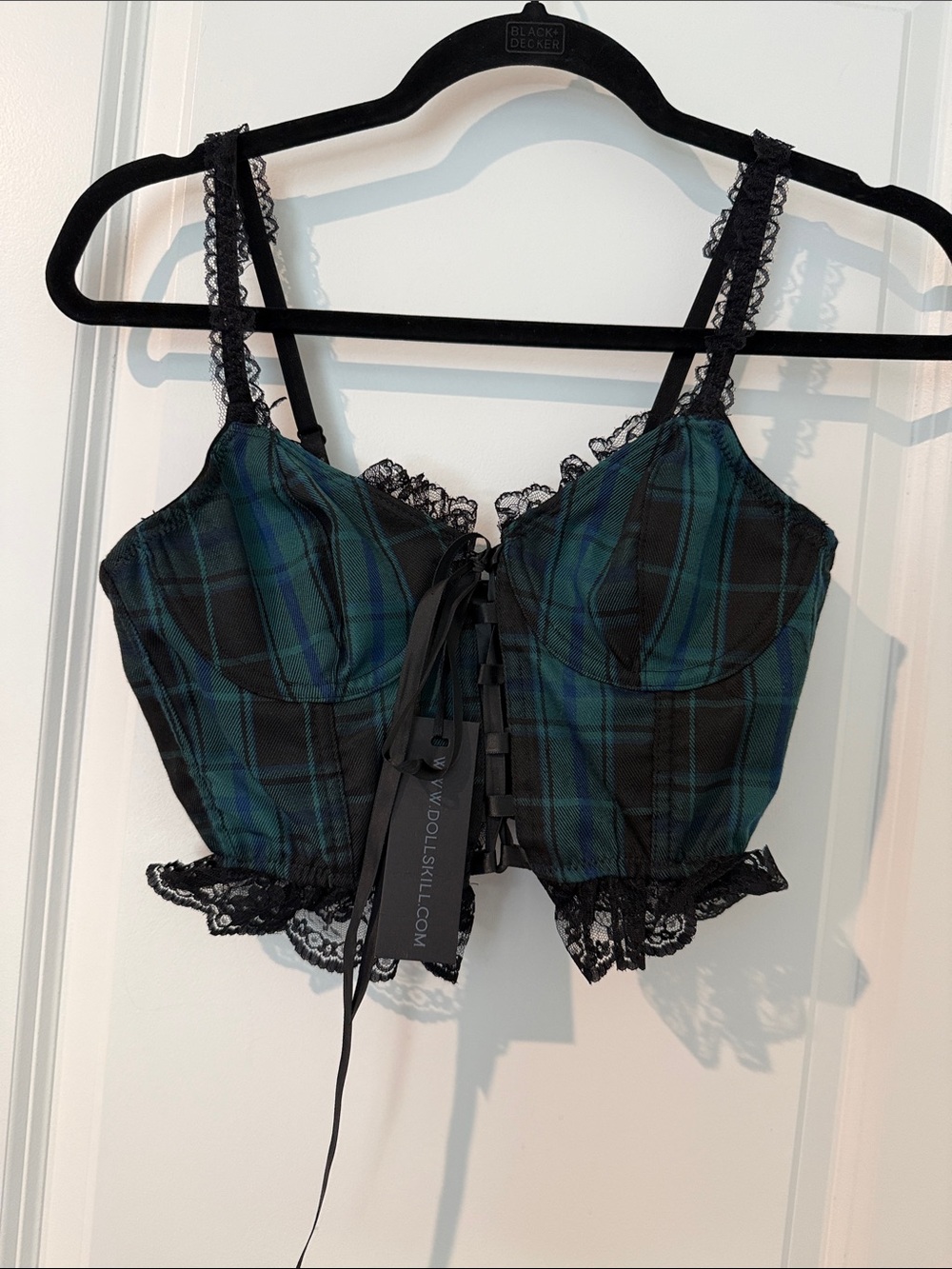 Dolls Kill Black & Green Plaid Lace-Trim Corset Crop Top